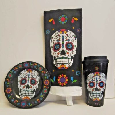 night frights sugar skull day of the dead housewares coordinating items plate towel tumbler cup
