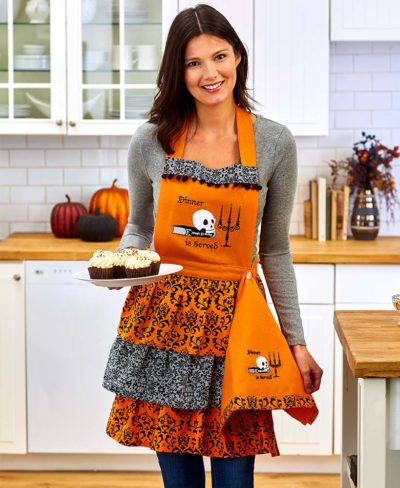 night frights embroidered gothic halloween skull apron with tea hand towel